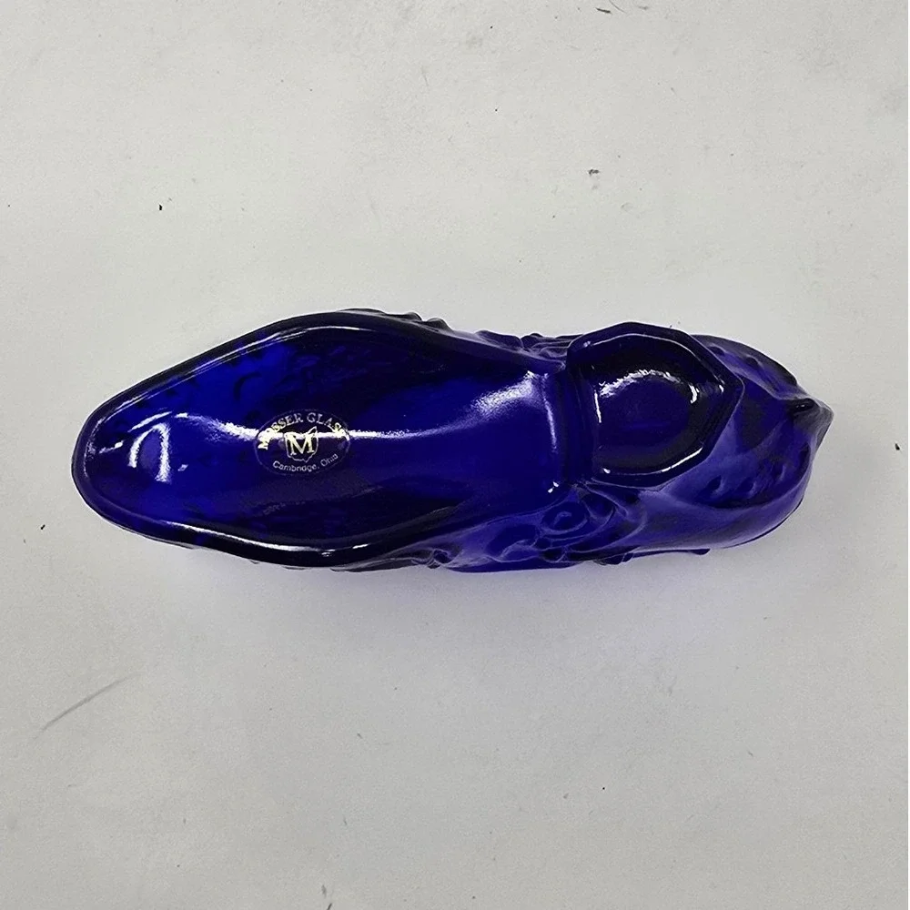 Vtg Mosser Victorian style cobalt blue glass slipper pointed toe shoe whimsical